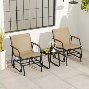COSTWAY - 3-Piece Outdoor Glider Bistro Set with Tempered Glass Top and Metal Frame-Coffee