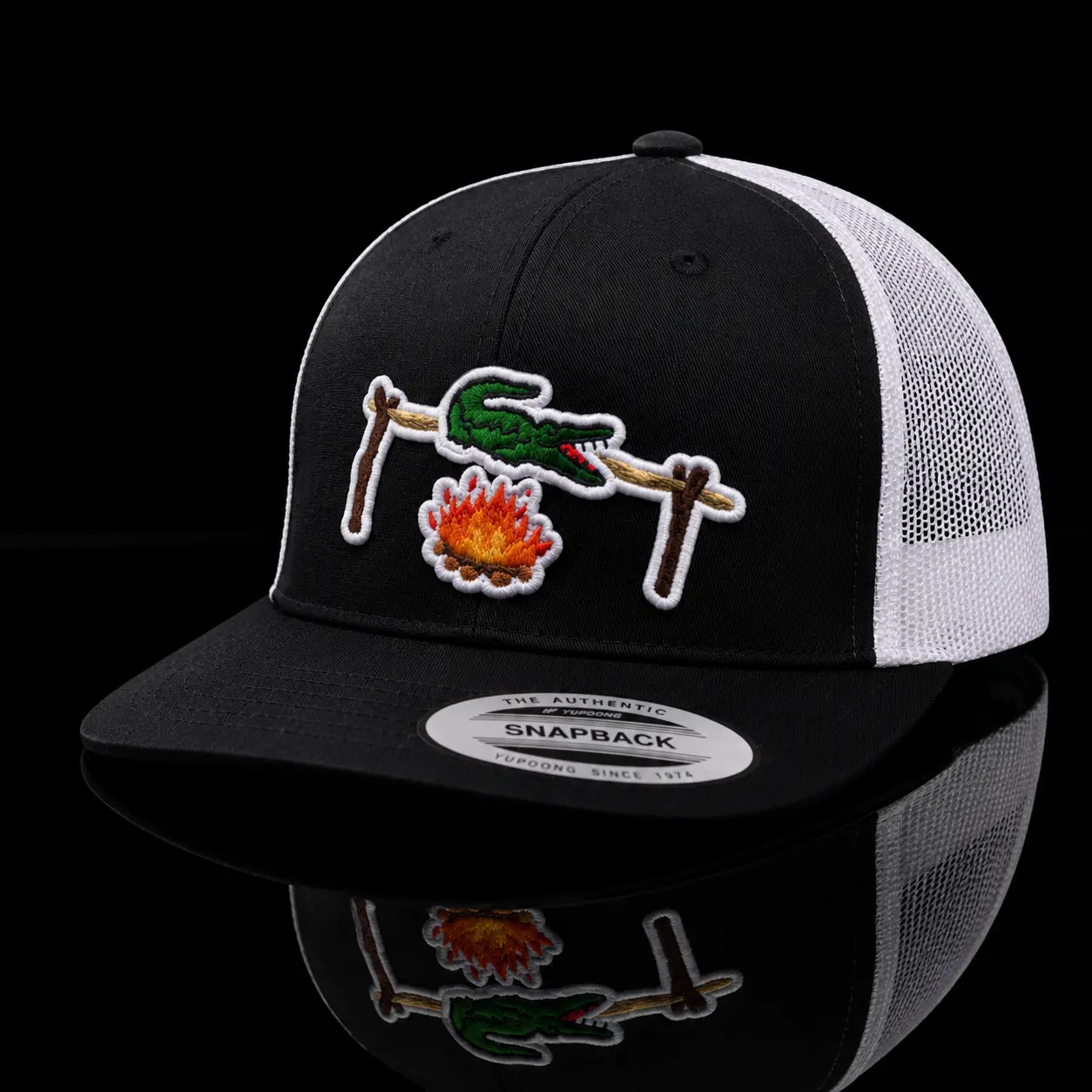 Campfire Croc Vibes Trucker Hat – Pink White Mesh Snapback Cap, Funny Alligator Embroidered Hat, Cute Bold Streetwear Hat