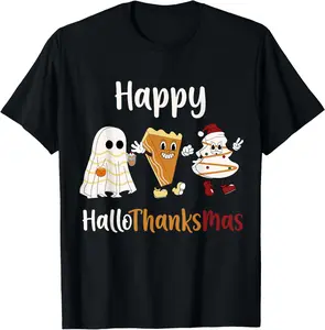 100% cotton Unisex Halloween Thanksgiving Christmas, Happy HalloThanksMas Tees T-Shirt