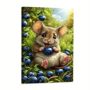 2D Flat, 2D Flat, 1pc Framed Canvas Art [2D Flat] Featuring a Country Mouse And Blueberry Decoration - Exquisite Illustrated Wall Art Measuring 12X18 Inches, Perfect for Decorating Living Rooms, Bedrooms, And Both Indoor And Outdoor Spaces As a Gift	