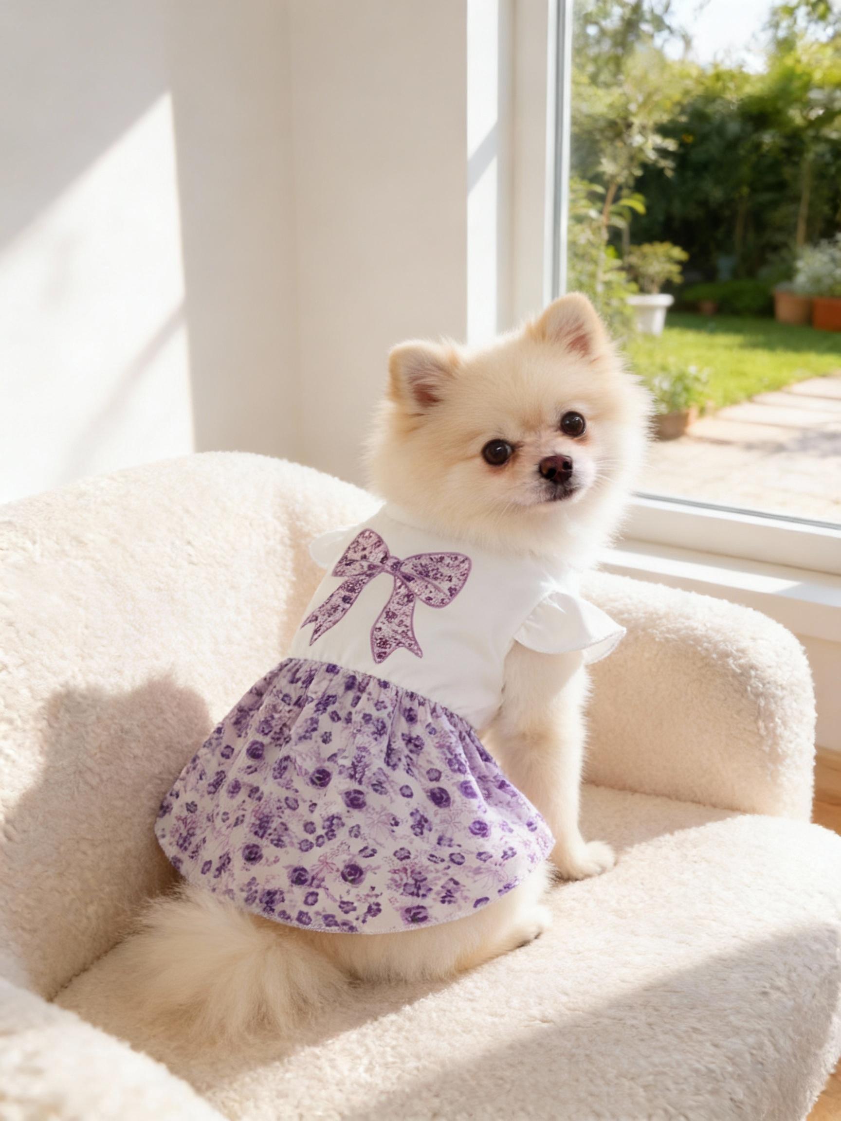 Pet Clothes Dog Cat Dress Bow Purple Flying Sleeve Yorkshire Terrier Maltese Teddy Bichon Bear Pomeranian Bulldog For Daily Use A169