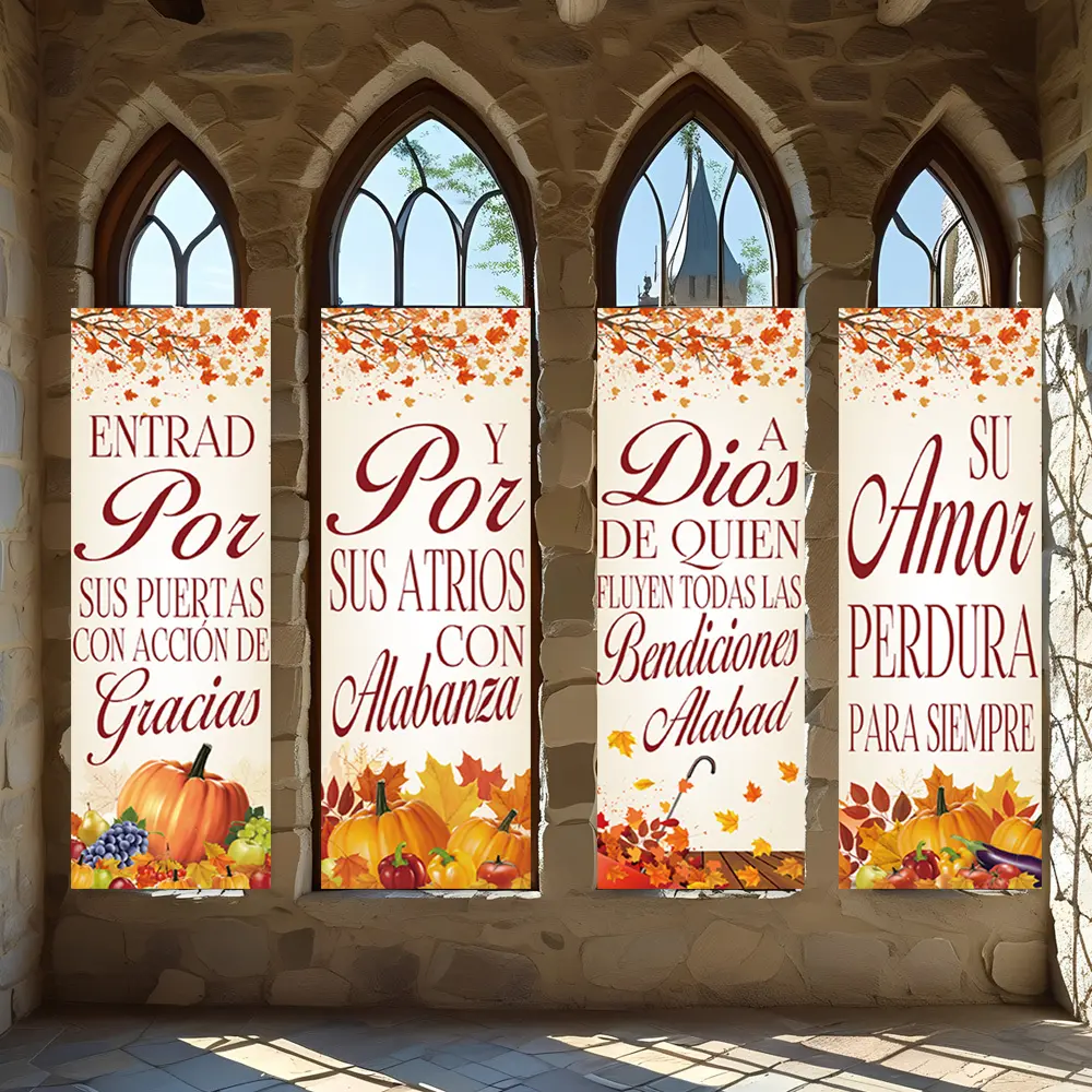 4 Pcs Religious Banners, Polyester Material Religious Vertical Banners Spanish Christian Scripture Design Fall Harvest Thanksgiving Decoration for Church Home Indoor Wall Hanging Decor