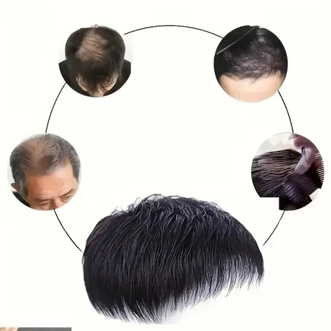 Men's Short 1-Piece Clip-In Straight Human Hair Topper Extensions, 30g Secure Clip Hair Extensions, Casual Convenient Lightweight, Classic Natural Look, All-Tones Compatible Black Daily Fashion Accessory