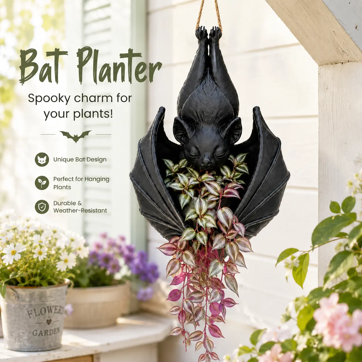 Hanging Planter - Resin Upside Down Bat Wall Pocket Flower Pot with Hanging Jute Rope, Gothic Flying Bat Succulent Plant Holder for Porch, Patio, Garden & Indoor Halloween Home Decor, Spooky Fall Gift for Plant Lovers, Men & Women
