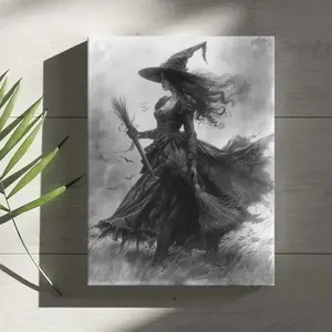 Witch Pattern Framed Canvas Painting – Creative Wooden Wall Art for Home, Living Room, Bedroom & Study Room Decor – Halloween Artwork