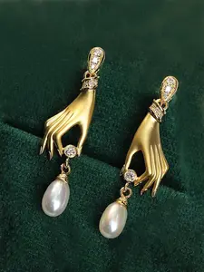 Faux Pearl & Rhinestone Decorated Dangle Earrings, Hand Design Jewelry for Women, Fashion Jewelry for Party, Trendy All-match & Exquisite Jewelry for Birthday Gift, High Quality Earrings, Statement Earrings