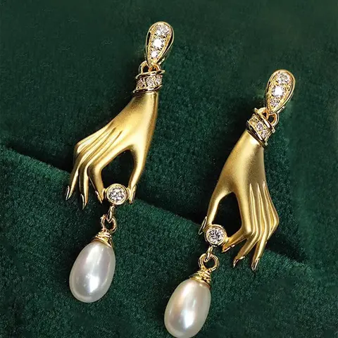 Faux Pearl & Rhinestone Decorated Dangle Earrings, Earrings Dangling, Hand Design Jewelry for Women, Fashion Jewelry for Party, Statement Earrings