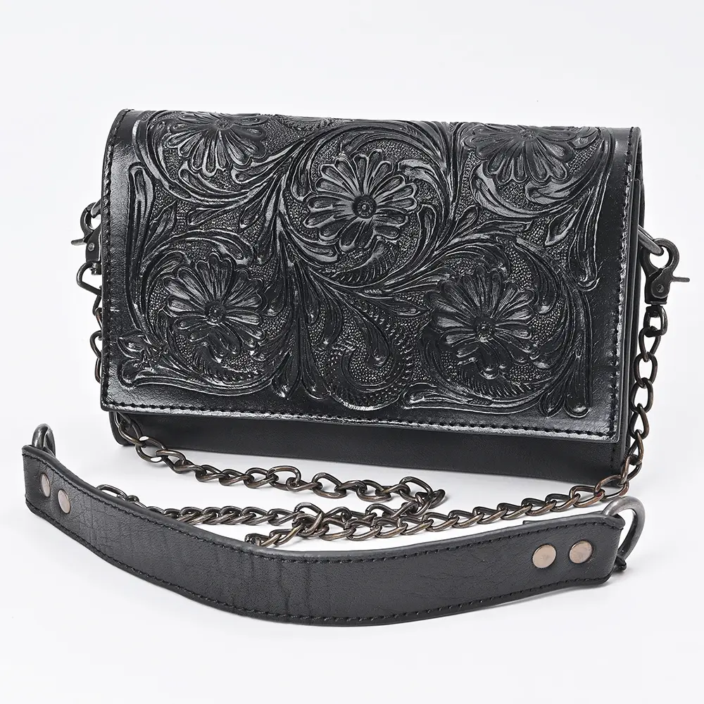 American Darling Crossbody Bag Western Hand-Tooled Genuine Leather Floral Carved Wallet with YKK Zipper and Chain Strap