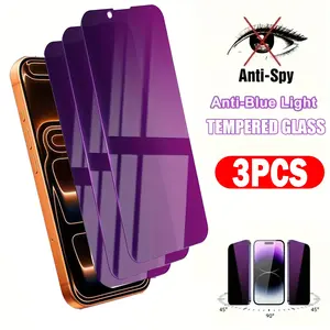 Set of 3 Anti-Blue Light Blocking Privacy Protective Screen Protectors Compatible with iPhone 17 Pro Max/17 Pro/17 Air/16 Pro Max/16/16e/15/14/13/12/11/Plus/Mini/XR/X/XS Dynamic Island Compatible Features 9H+ Hardness Eye Care Tempered Glass Film
