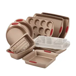 Rachael Ray Cucina Nonstick Bakeware Set Baking Cookie Sheets Cake Muffin Bread Pan, 10 Piece, Latte Brown with Cranberry Red Grips