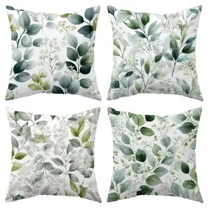4pcs-Watercolor Green Leaf White Flower Vines Throw Pillow Covers, 2D Flat Printing, Contemporary Style, Suitable Living Room, Bedroom, Sofa and Bed Decoration, Single Sided Printing, No Pillow Core