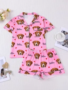2-piece Valentine's Day Puppy Pajama Set 💖 Cute puppy print collared button-down pocket top + shorts｜Soft milk silk women's pajamas, suitable for lounging at home/sleep/Valentine's Day gift