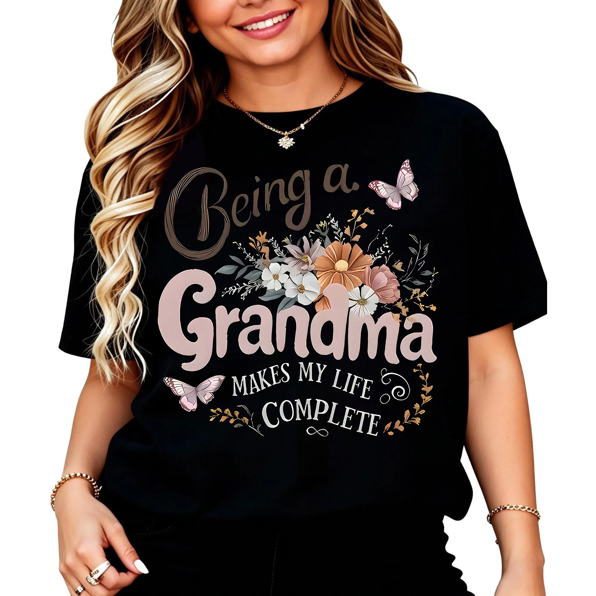 Cotton Grandma Tee Comfortable Womens Being a Grandma Floral Print TShirt Elegant Black Casual Tee with Pink White Flowers Machine Washable Perfect for SpringSummerFall