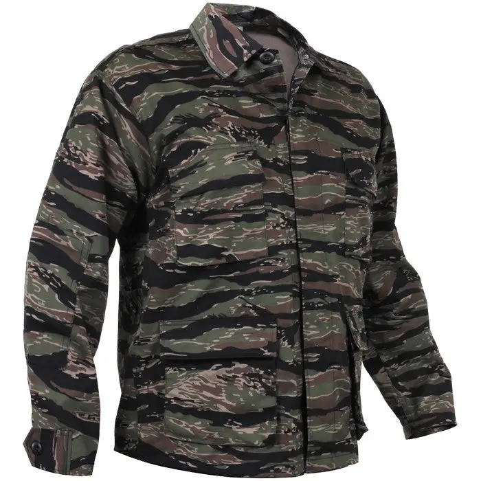 Tactical BDU Shirt for Men in Tiger Stripe Camo, Poly-Cotton Twill Uniform with 4 Pleated Cargo Pockets and Reinforced Elbows, Menswear, Long, Pocket, Sleeve, Camouflage Men's Casual Shirts, Military Uniform Men's Casual Shirts