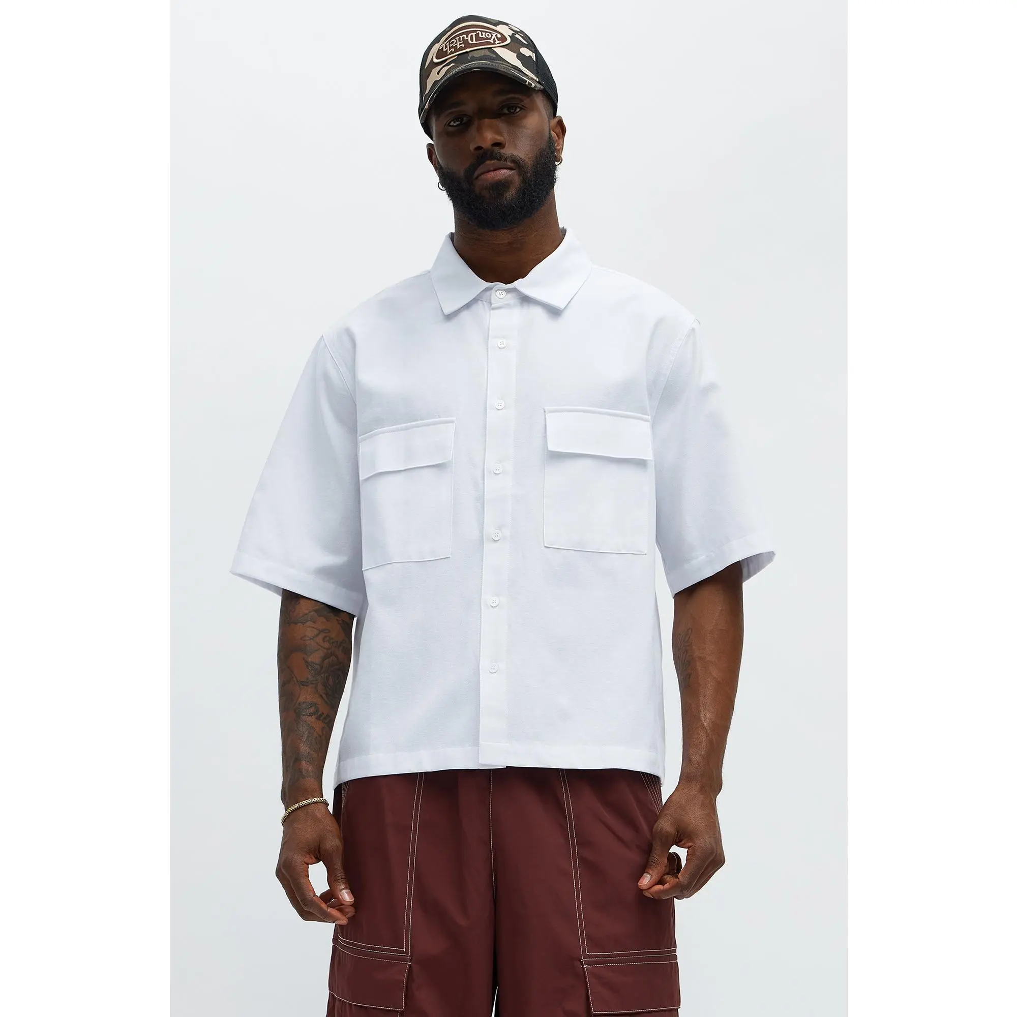 Cropped Double Pocket Button Up Shirt - White - TikTok Shop