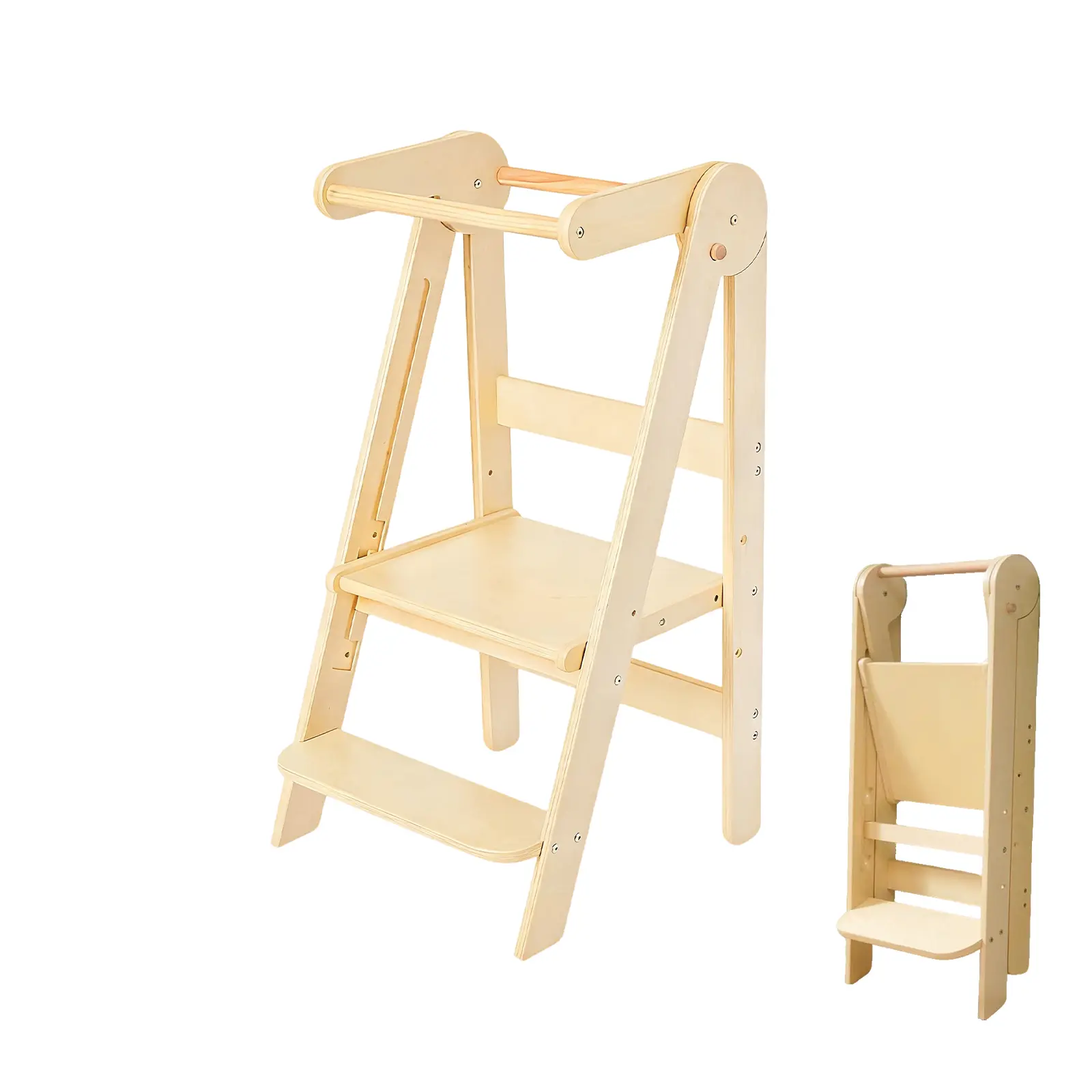 Virplik Wooden Kids Kitchen Step Stool, Foldable Height-Adjustable Toddler Standing Tower with Safety Rail & Anti-Slip Device, Wood Baby Furniture Stool for 1.5-6 Years (Natural-Wood)