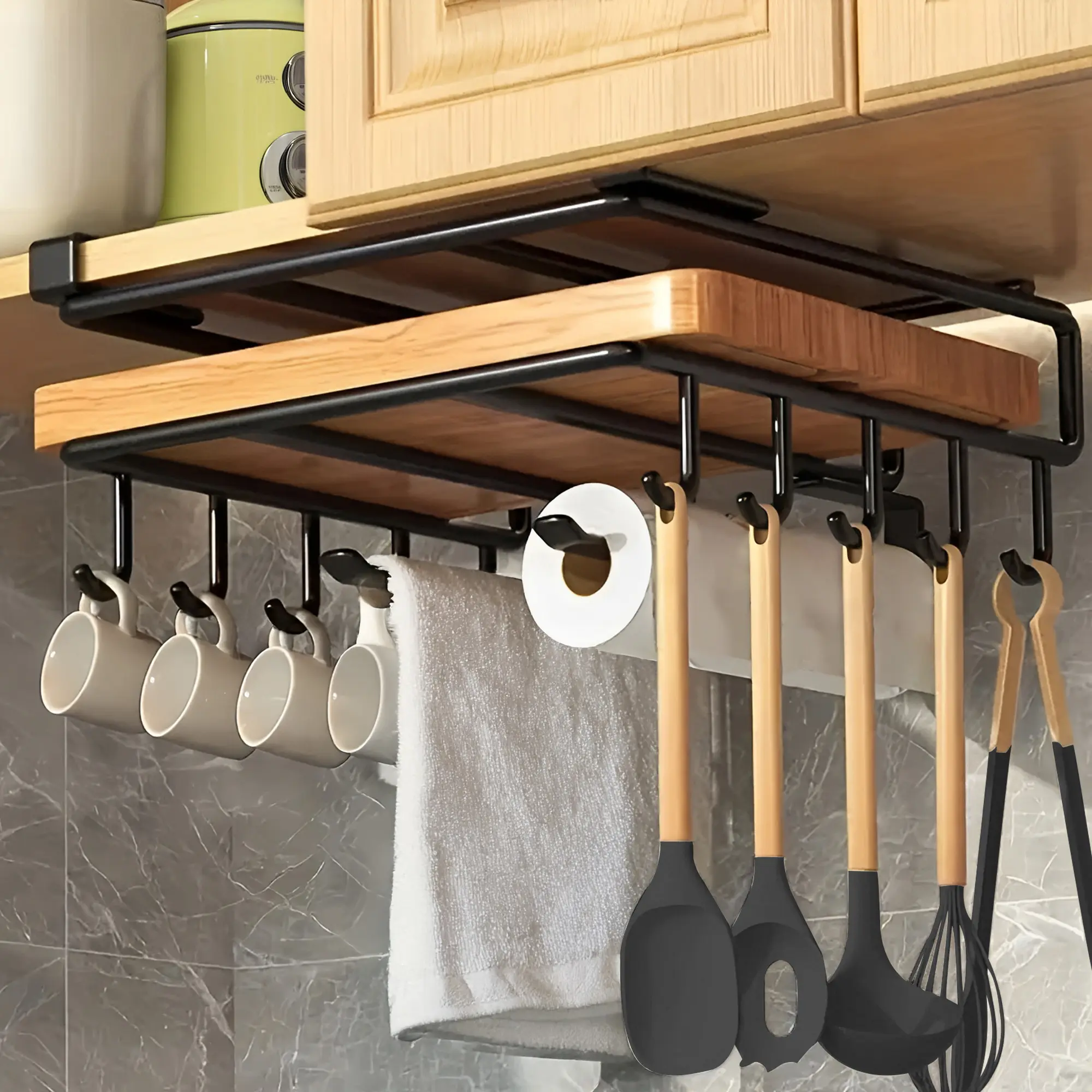 BePatio Steel Under Cabinet Organizer Rack - Space-Saving Narrow Hangable Accessory with Storage Hooks, Easy Installation for Kitchen, Bathroom Use (Holds Cups, Utensils, Towels, Cutting Boards)