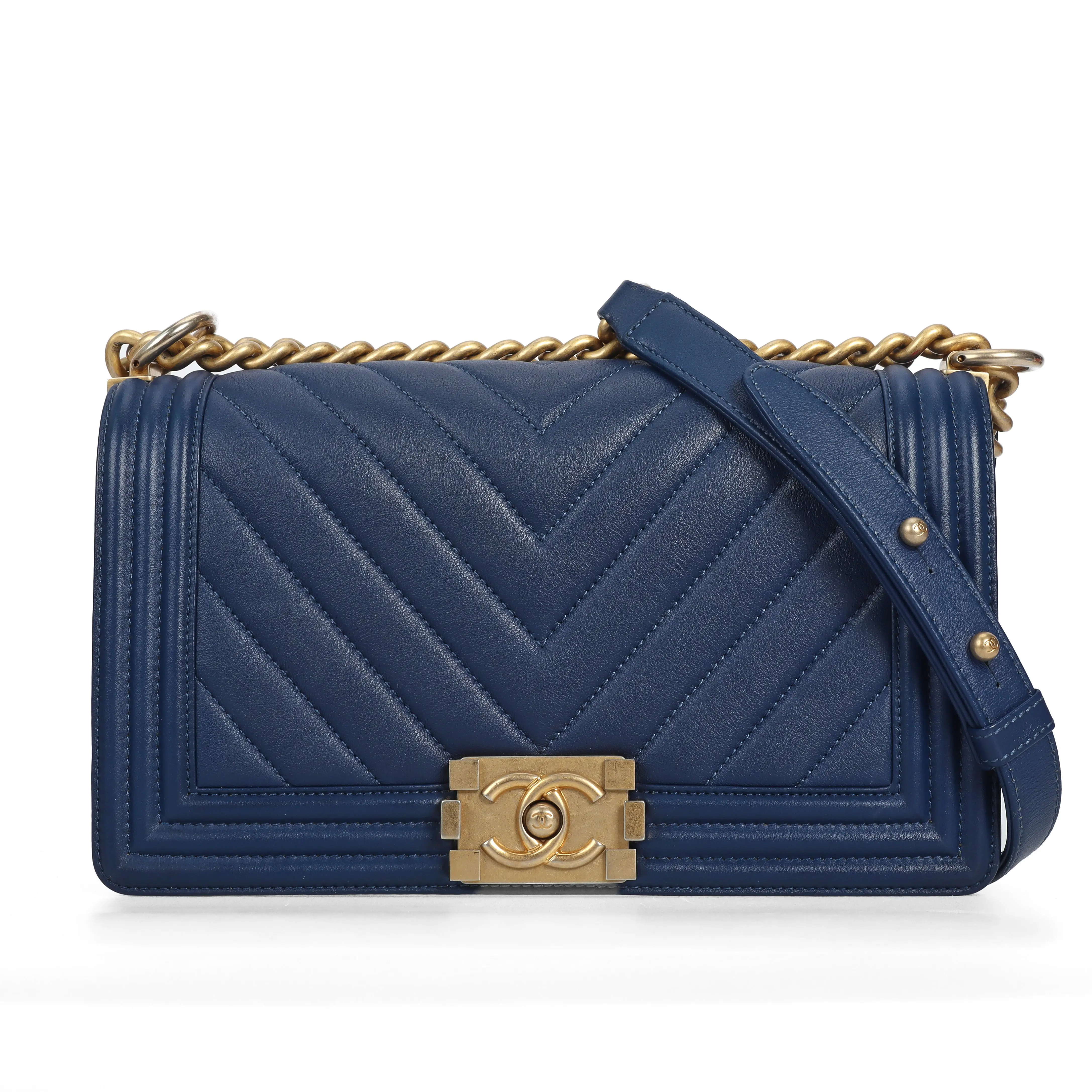 Pre-owned CHANEL Calfskin Crossbody Bag Le Boy Medium Size Blue Chevron 37251449