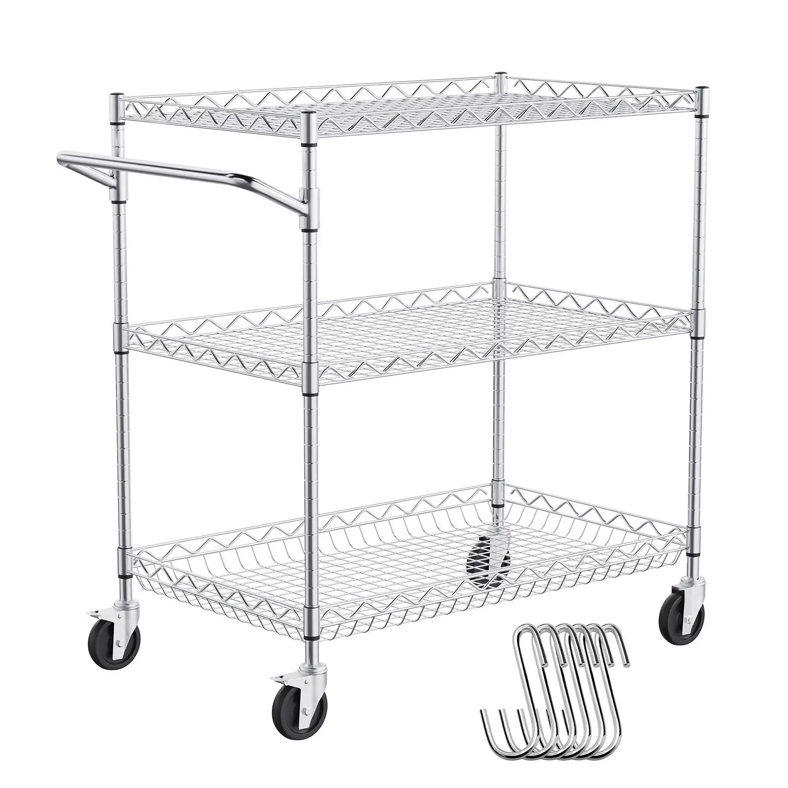 【Back to School】VEVOR Steel Frame Kitchen Utility Cart, 3-Tier Movable Wire Rolling Cart with 661LBS Capacity, Height-Adjustable Metal Storage Trolley, 80mm Deep Basket, Curved Handle, 6 Hooks, Installation-Ready for Indoor Use