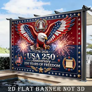 2D Flat, American Flag Wall Tapestry Suitable for 250th Anniversary & 4th of Decorations - Red White Blue Patriotic Banner with Iconic Independence Day Motifs, Framed for Parties, /Outdoor Entrance Decoration, 2D Flat