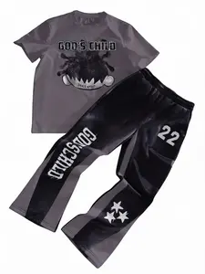 Teen Boys Casual Graffiti Star Letter Print Short Sleeve T-Shirt + Bell Bottom Sports Pants Set, Street Style, Spring Summer Comfort