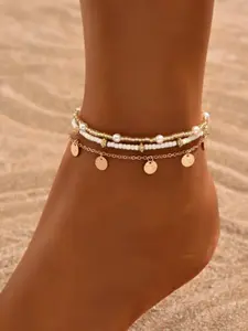 3-piece set of stacked simple gold round pendant tassel beaded anklet for women, suitable for daily wear and beach vacation style