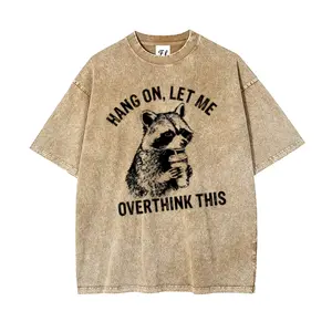 Vintage Acid Wash Oversized T-Shirt "Hang On Let Me Overthink This" Raccoon Graphic Tee, 100% Cotton Heavyweight Streetwear Top, Retro Mineral Wash Loose Fit Short Sleeve for Women