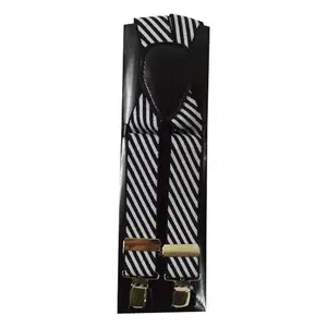 Men's Fancy Clip Suspenders with Black and White Striped Design, Adjustable Buckle Closure, and Stylish Fit