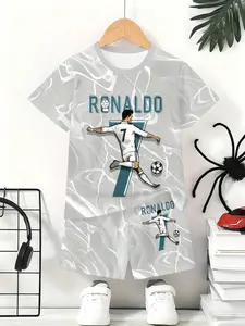 Ronaldo7 Number Printed Boys Short Sleeve Set, Children Football Theme Sports Two-Piece, Casual Fitted Style, No Collar, Without Zipper, Football Uniform