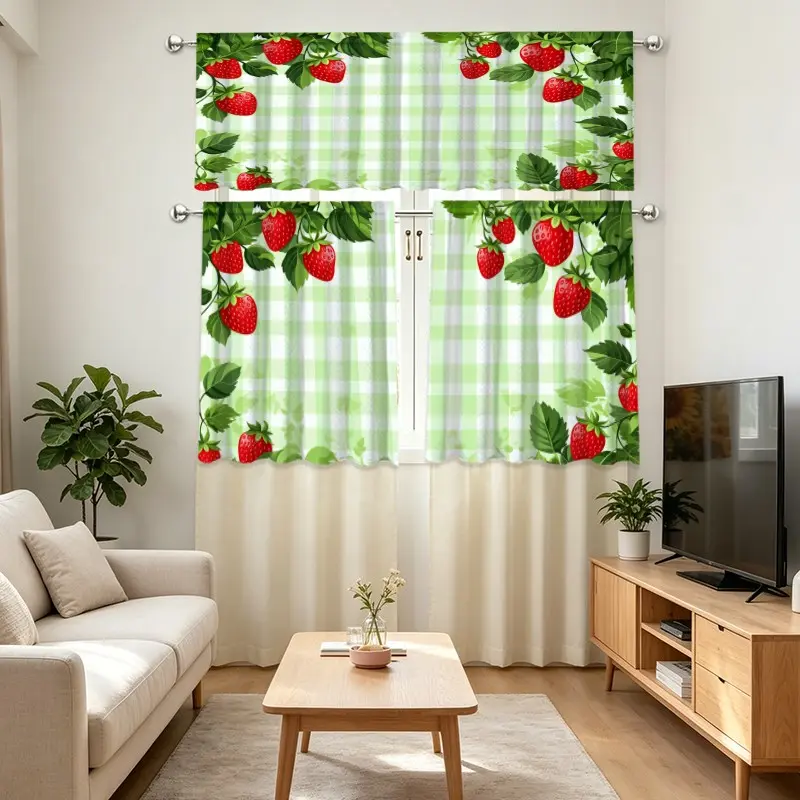 3pcs Strawberry Leaf Pattern Curtains, Window Curtain, Fresh Country Style, Kitchen Living Room Decor Drapes, Cafe Restaurant Home Decoration Curtain Valance Set, No Pole