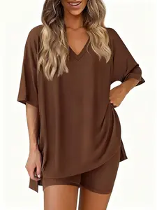2026 Summer New Arrival Women's V Neck Solid Color Loose Pajama Set, Fashion Casual Loungewear, Comfortable Sleepwear