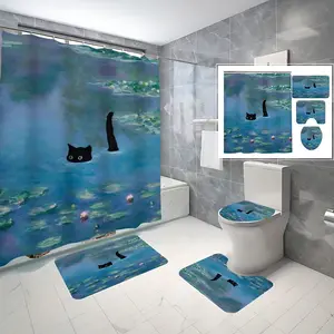 4 Pcs Monet Style Water Lily Black Cat Bathroom Curtain Sets with 12 Hooks,Artistic Cat Pond Large Waterproof Thickened Mildew Proof Bathroom Partition Curtain,Bathroom Shower Curtain,Toilet Lid Cover,Non-Slip Bathroom Rugs and U Shape Bath Mat