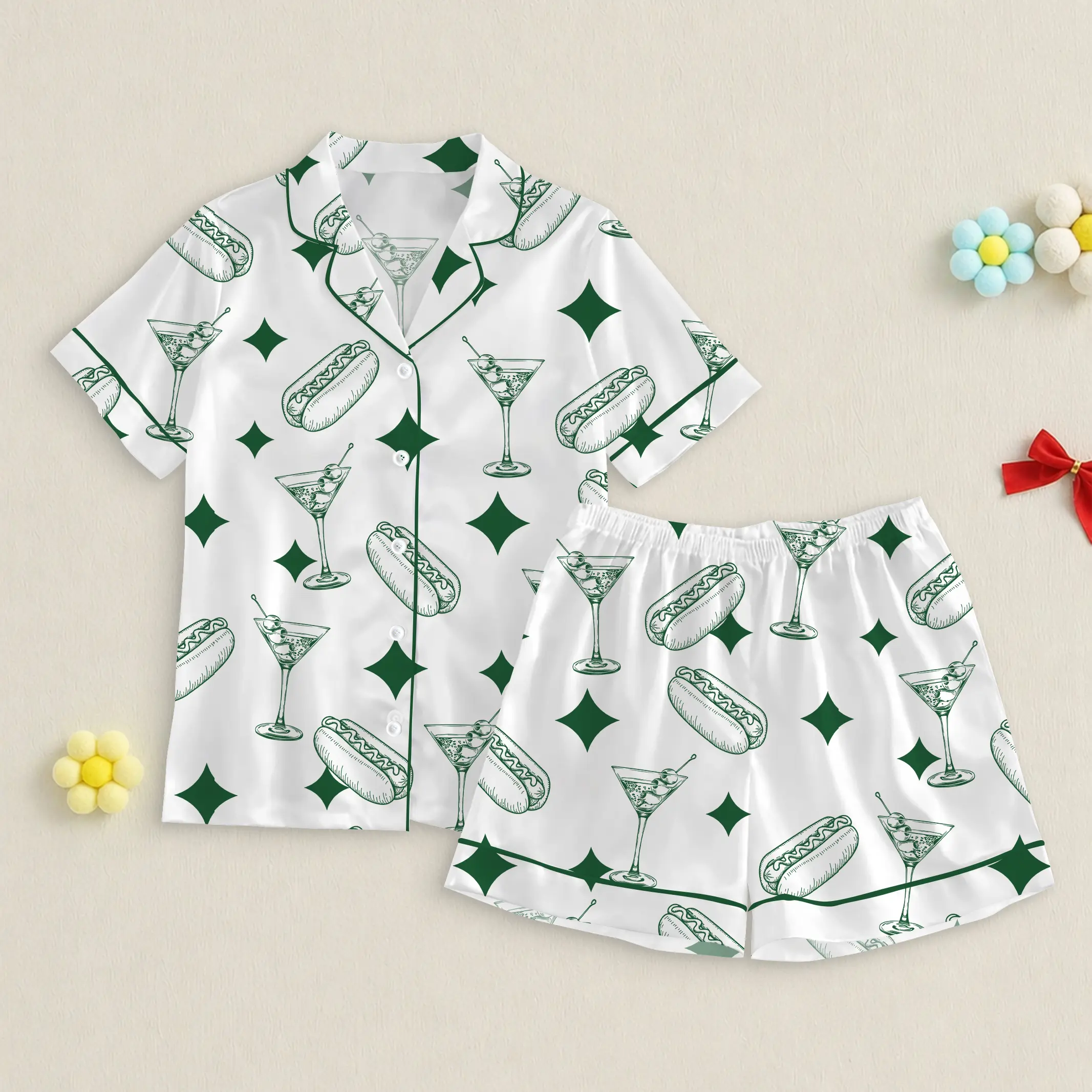 Tinis And Weenies Dirty Martini Party Print Sleeve Satin Pajama Set, Martini Meme Tinis WeeniesFan Gift, Nightwear Gifts For Her