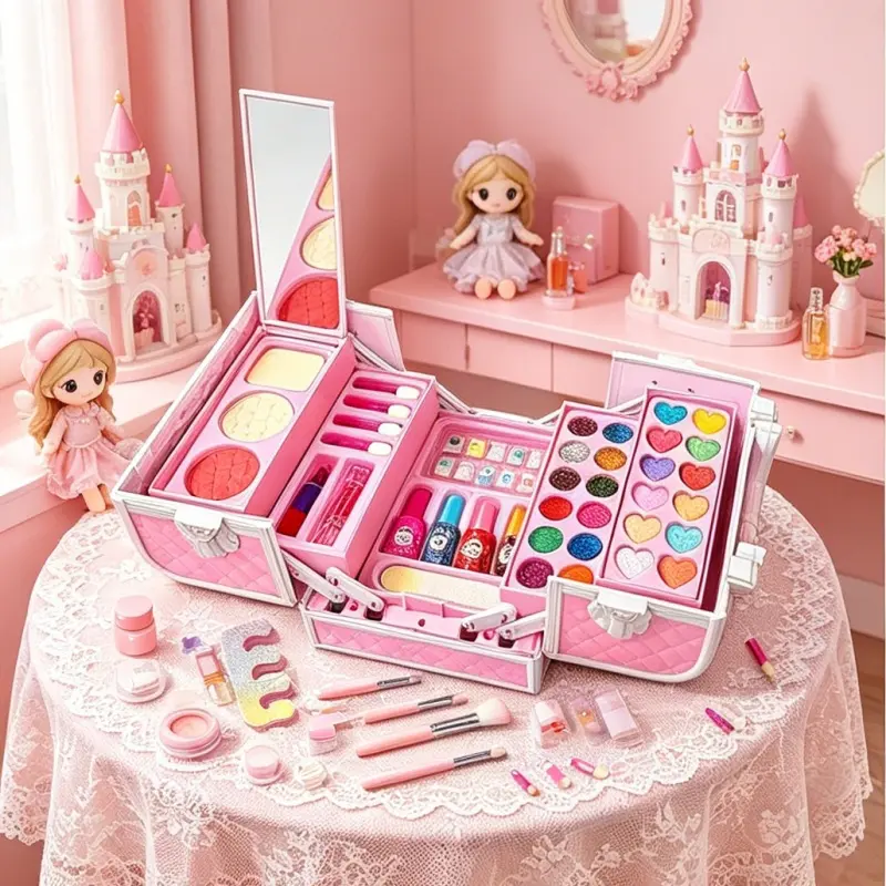 Pink Multi-Tier Pretend Makeup Case Toy for Girls, Deluxe Non-Toxic Simulation Cosmetic Kit With Eyeshadow Lipstick Makeup Brushes, Princess Themed Present for Kid Birthday Party Holiday Gifting