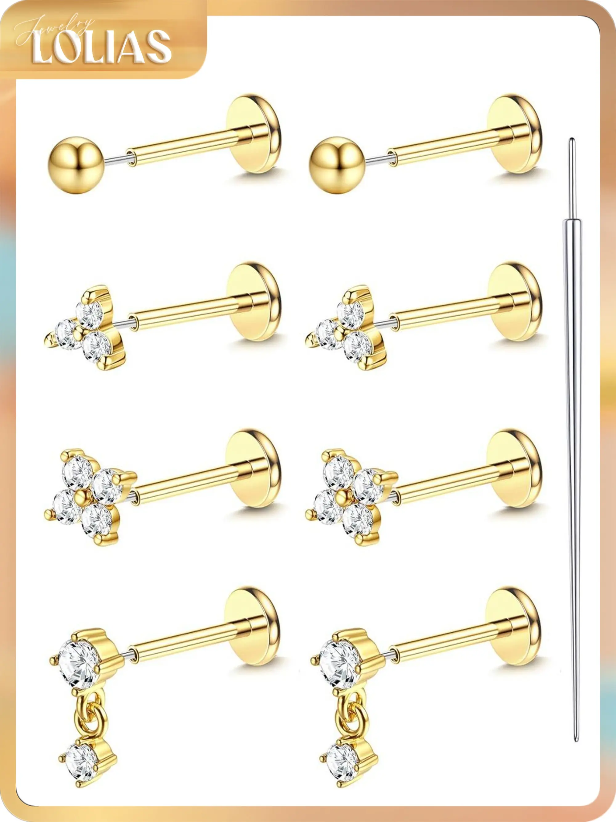 LOLIAS 14K Gold Filled Nose Studs 316L Surgical Steel Gold Nose Rings Studs 6A CZ Simulated Diamond Corkscrew L Shaped Nose Piercing Hypoallergenic Nose Rings for Women Men 20G, Flat-Back