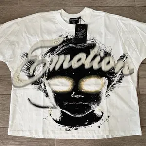 Abstract Face Graphic Oversized Tee with Bold Emotion Design and Unique Pearl Accents