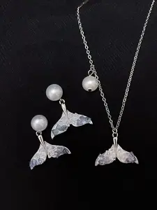 SR Pearl Co. 2 Pieces Set Freshwate Pearl Mermaid Tail Blue Necklace 14K Gold Filled Perfect for Everyday Eye-Catching Elegent Style Women Gift