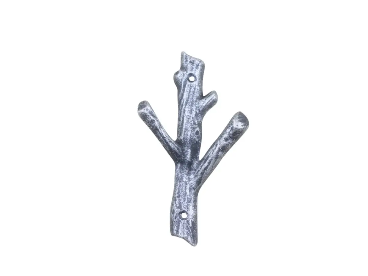7.5 x 2 x 4 in. Rustic Silver Cast Iron Tree Branch Double Decorative Metal Wall Hooks