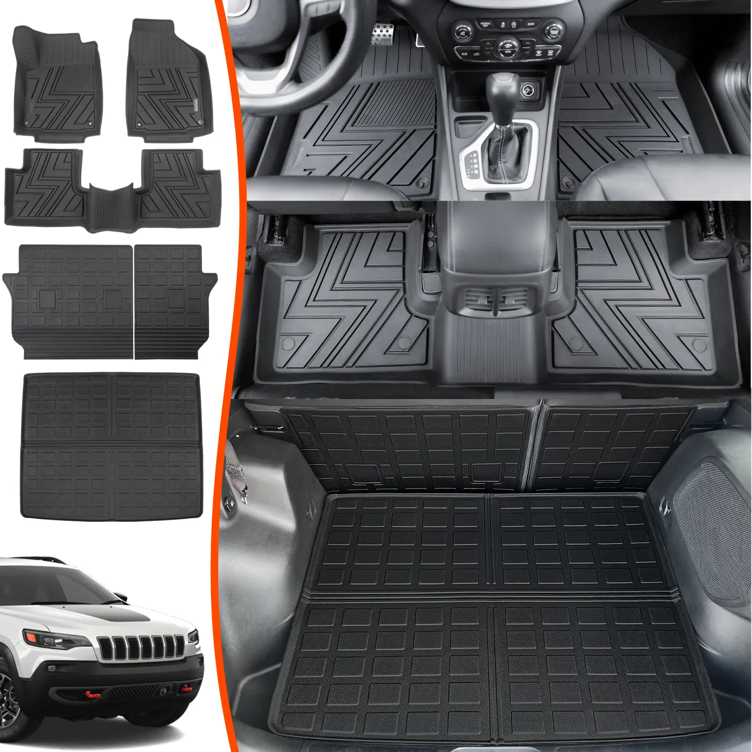 [Fits 19-23 Cherokee] Floor Mats Compatible with 2019-2023 Jeep Cherokee Cargo Mat Backrest Mats TPE (Not for Grand Cherokee) Replacement for 2022 2023 Jeep Cherokee Accessories(Rear Trunk Mat+Backrest Mat+Floor Mat)