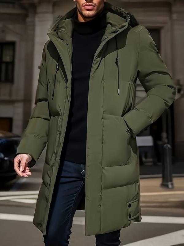 Men's long coat with hood, warm and thick polyester fiber, large pockets, zippered winter jacket, suitable for casual wear, essential for cold weather