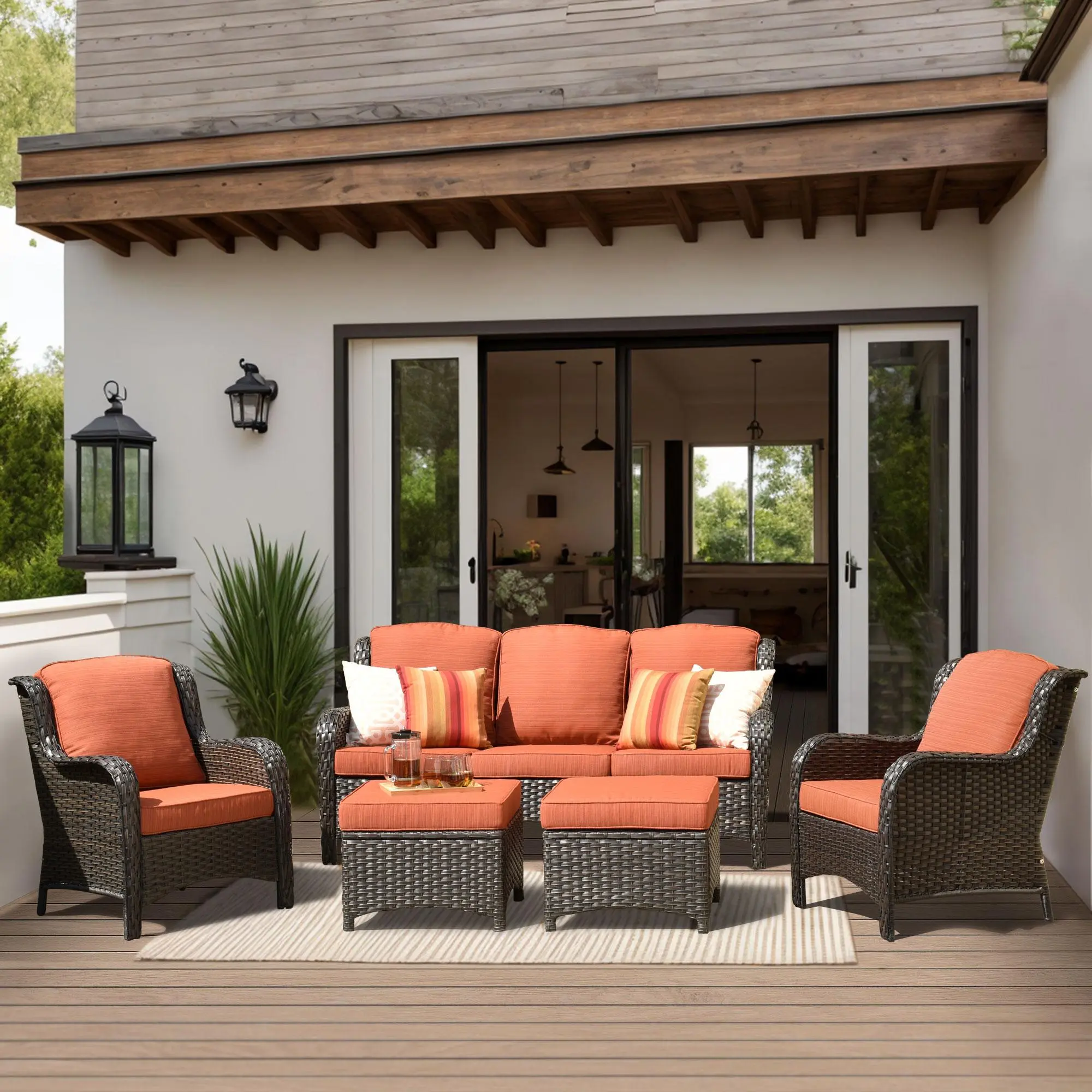 5 PCS Outdoor Patio Furniture Set with 5 Seats, 2 Ottomans, Comfortable Thick Cushions, Waterproof Outdoor Couch & Chair for Porch and Balcony,Free Combination