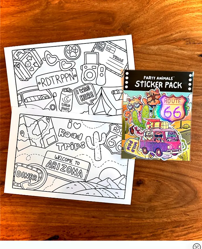 Road Trippin' Throwback Mini Bundle: Cardstock Coloring Pages + Holographic Stickers