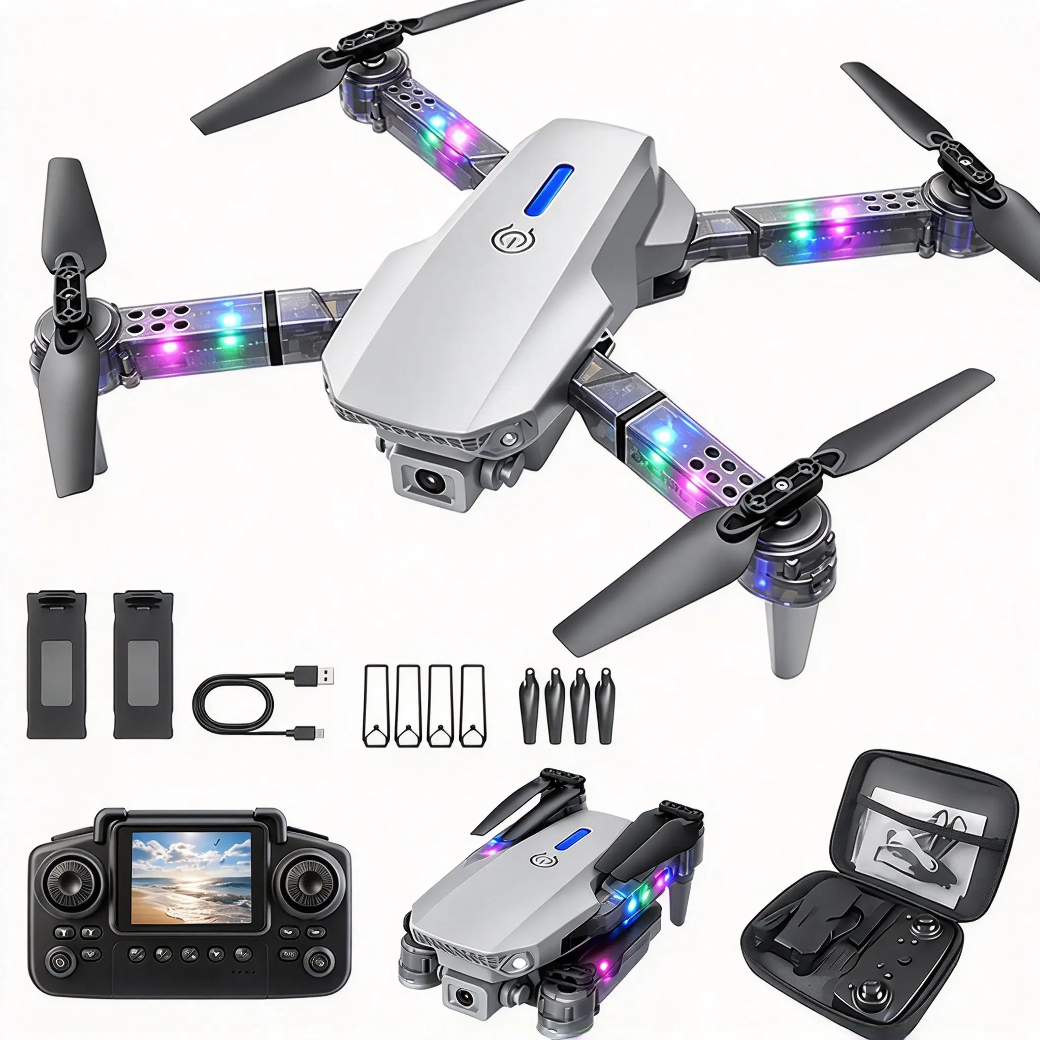 2026 Newest RGB Silver Gray Folding 417g E99 Drone with 1 or 2 Batteries, Control Box, Replacement Propellers, Portable Storage Case, Camera & Accessories - Smooth Flight, App/Video Use Tech Gadget for Photography Enthusiasts (Cameras Compatible)