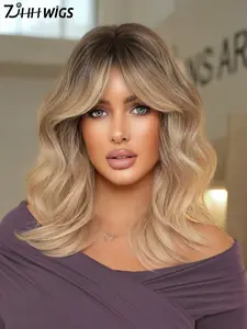 Shoulder Length Wavy Wigs for Women, Gorgeous Fluffy Wigs with Bangs, Synthetic Full Machine Wigs for Party, Daily Use
