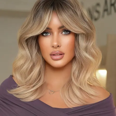 Shoulder Length Wavy Wigs for Women, Gorgeous Fluffy Hair Wigs with Bangs, Synthetic Full Machine Fake Wigs for Party, Daily Use, Synthetic Fiber Wig
