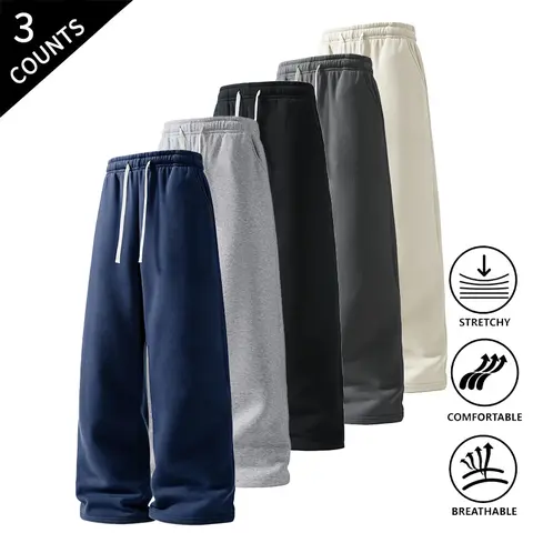 Men’s 3-Pack Straight-Leg Menswear Nightwear Pants - Elastic Drawcord Waist, Stretchable Breathable Sleep Bottoms, Smooth Lounge Bottoms for Sleep (Black + Light Gray + Navy Blue)