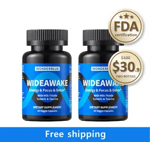 WONDERBLUE WideAwake Energy Focus Detox Supplement 60 Veggie Capsules FDA Certified Milk Thistle Turmeric Taurine Vegan Non-GMO Fathersdaygift