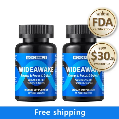 WONDERBLUE WideAwake Energy Focus Detox Supplement 60 Veggie Capsules FDA Certified Milk Thistle Turmeric Taurine Vegan Non-GMO Fathersdaygift