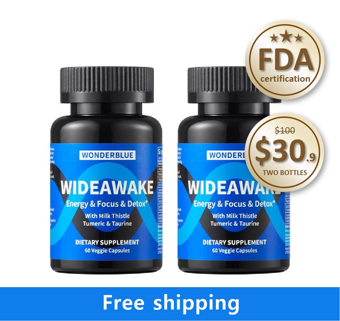 WONDERBLUE WideAwake Energy Focus Detox Supplement 60 Veggie Capsules FDA Certified Milk Thistle Turmeric Taurine Vegan Non-GMO Fathersdaygift