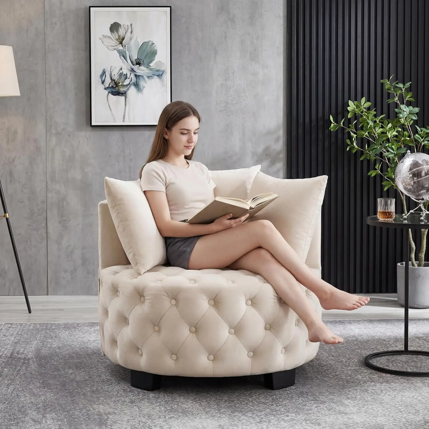 Modern Velvet Round Accent Armchair - 31.25''W Upholstered Button Tufted Velvet Barrel Chair with 3 Pillows, Club Chair, Lounge Chair, Leisure Armchair for Living Room Hotel Bedroom (Beige)